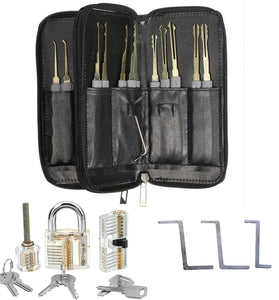 26PCS Locksmith Training Set Spring Steel with 3 Transparent Padlocks For Easy Visual Learning Portable Design Includes Automatic Unlock Gun Diverse Lock Picks Perfect for Beginners