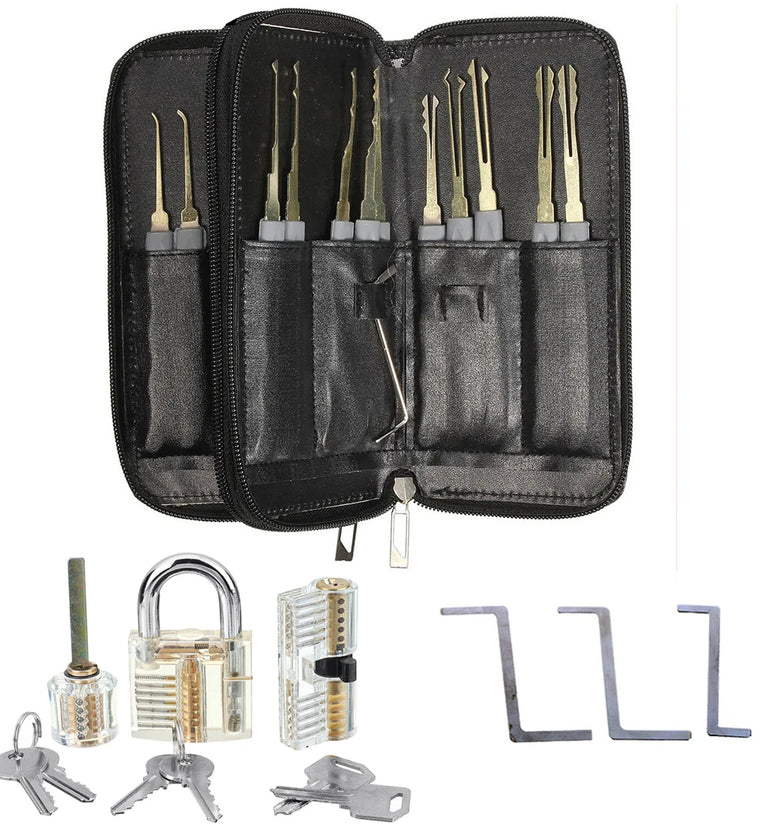 26PCS Locksmith Training Set Spring Steel with 3 Transparent Padlocks For Easy Visual Learning Portable Design Includes Automatic Unlock Gun Diverse Lock Picks Perfect for Beginners