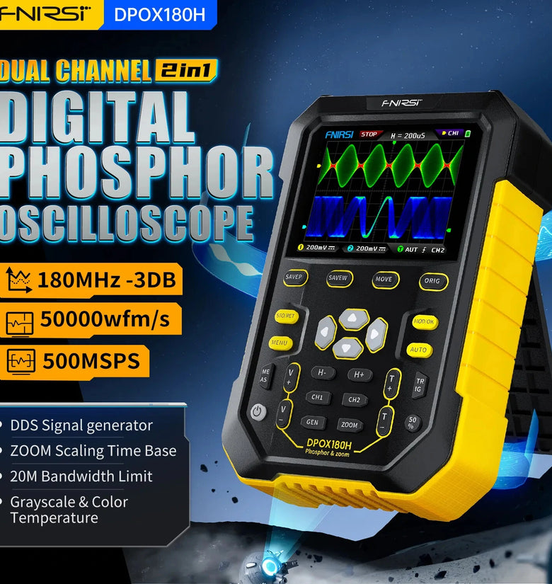 FNIRSI DPOX180H Handheld Dual Channel Digital Oscilloscope 180MHz-3DB 2 In 1 Function Signal Generator Fluorescence Display ZOOM