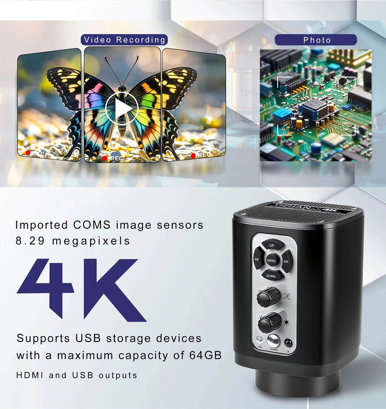 XHU6001 4K Digital Microscope for HDMI Camera 160X  Sony IMX415 Sensor Magnification USB Output High Brightness Adjustable Light Source Long Working Distance Plug and Play Photography Video Recording