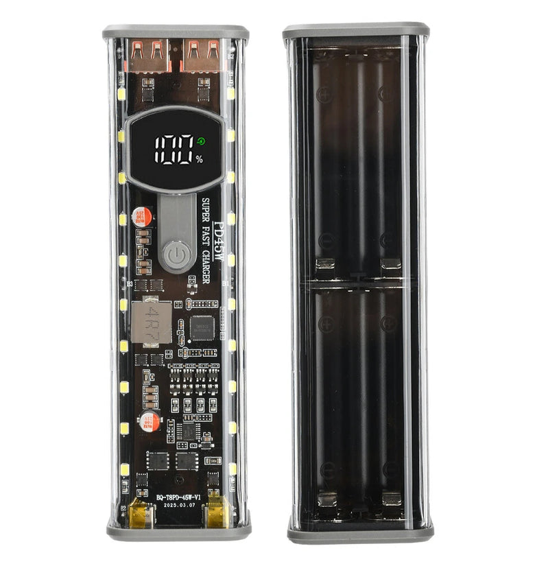 8x18650 DIY Power Bank Case PD45W Fast Charging LED Screen Transparent Battery Storage Shell Type-C Port without Battery