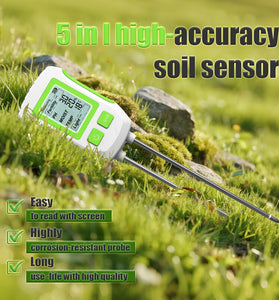 5 in 1 High Accuracy Soil Sensor Tester Moisture pH Fertility Temperature Sunlight Meter Corrosion Resistant Probes LCD Display Anti Slip Handle