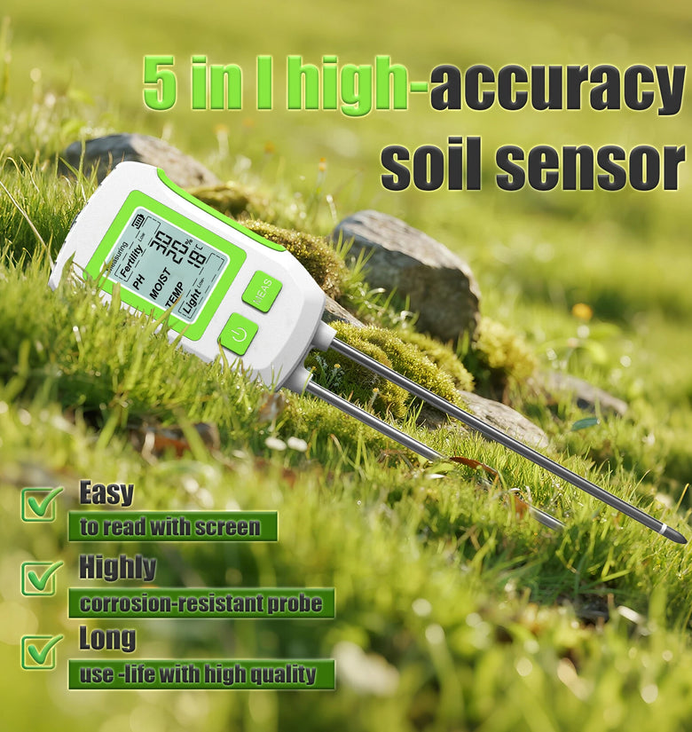 5 in 1 High Accuracy Soil Sensor Tester Moisture pH Fertility Temperature Sunlight Meter Corrosion Resistant Probes LCD Display Anti Slip Handle