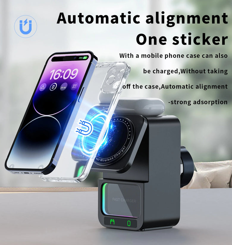DH19 5-in-1 15W Wireless Magnetic Charger Come with bluetooth Speaker Night Light Function Fast Wireless Charging Station for Smart Phone for iPhone 17 17Pro 16 15 14 Pro Max for Huawei Pura 80 Ultra for XIAOMi for Apple Watch for Airpods