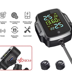 Motorcycle TPMS Tire Pressure Monitoring System QC3.0 Fast Charging USB Output Real Time Temperature Alarm IP67 Waterproof Anti Theft External Sensors Long Battery Life