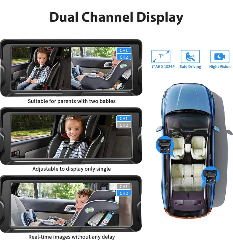 Car Baby Camera Dual Channel 6.8inch 1080P Display with 2 IR Night Camera and 150 Wide View Angle Automotive Baby Camera