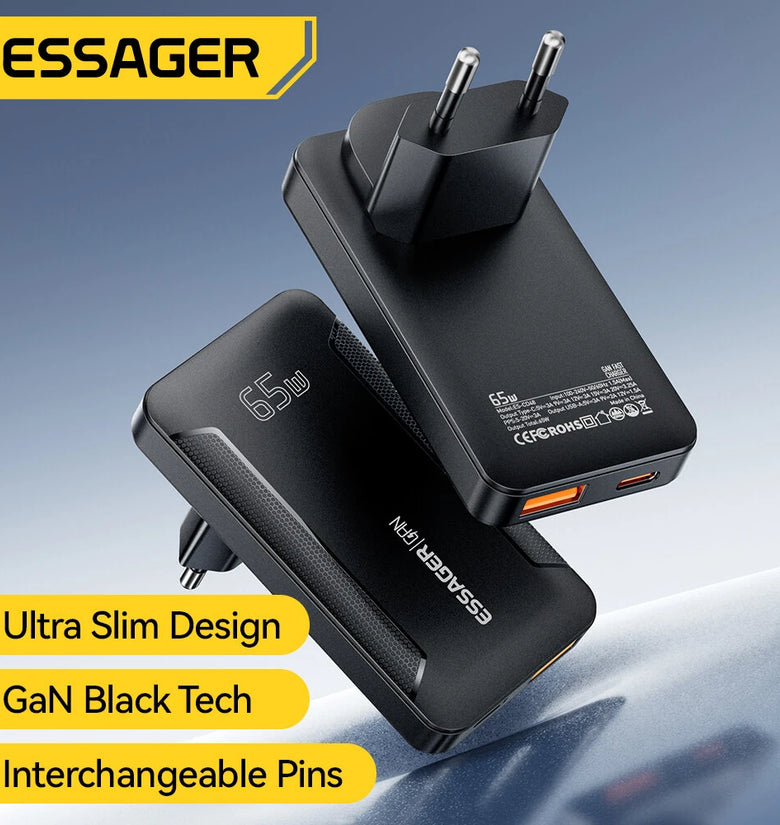 [GaN Tech] ESSAGER ES-CD48 65W 2-Port USB PD Charger USB-A+USB-C PD3.0 QC4.0 PPS Fast Charging Wall Charger Adapter EU Plug for iPhone 17 17Pro 16 Pro Max 15 14 13 for Xiaomi 17pro for SAMSUNG for OPPO for VIVO
