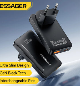[GaN Tech] ESSAGER ES-CD48 65W 2-Port USB PD Charger USB-A+USB-C PD3.0 QC4.0 PPS Fast Charging Wall Charger Adapter EU Plug for iPhone 17 17Pro 16 Pro Max 15 14 13 for Xiaomi 17pro for SAMSUNG for OPPO for VIVO