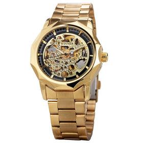 Fashion Fully Auto Mechanical Skeleton Men Watch Retro Exquisite Dial Gold Steel Band Wristwatch
