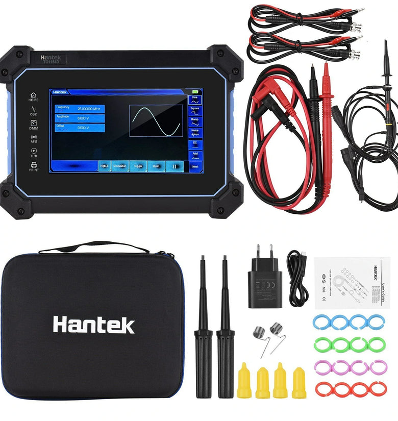 Hantek TO1154D Rechargeable Portable Oscilloscope Multimeter 4-Channel 150MHz Bandwidth 1GSa/S Sampling Rate 8M Storage Depth 25MHz Signal Source 7-inch TFT LCD Digital Storage Oscilloscope Arbitrary Waveform Generator with Tool Bag