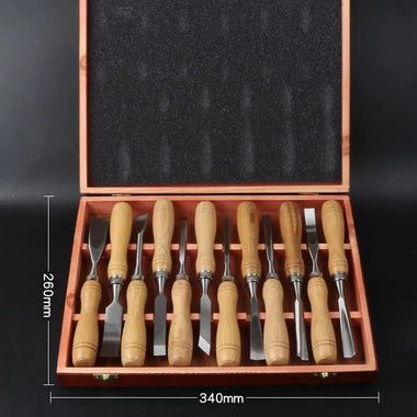 12Pcs Wood Chisel Set Cr-V Steel Blades Solid Wood Handles Sharp Beveled Edges Ideal for Carving Hardwood and Softwood