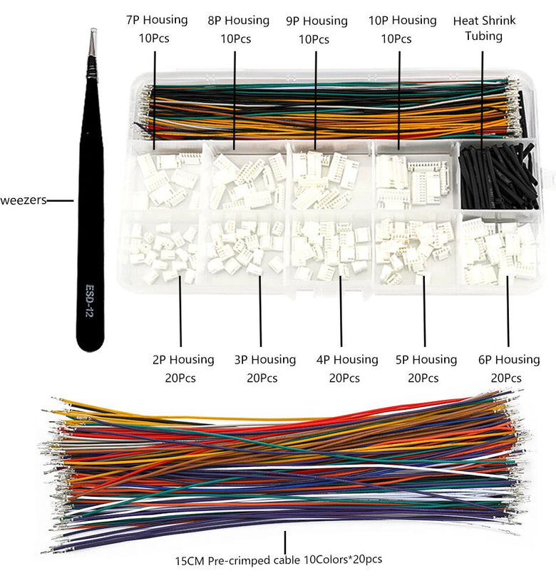 GH1.25MM Connector Kit 28AWG Multicolor Pre Crimped Cables 15cm Locking Housing Heat Shrink Tubing Electrical Wiring Accessories