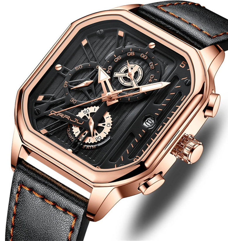 CRRJU Men's Luminous Waterproof Sports Watch Square Dial Chronograph Business Casual Quartz Wristwatches
