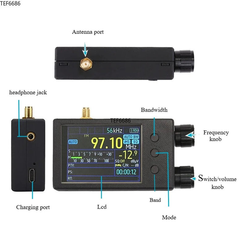Mini Portable TEF6686 Full Band FM/LW/MW/SW Radio Receiver ESP32-WROOM-32U with 2.4inch Resistance Touch Screen