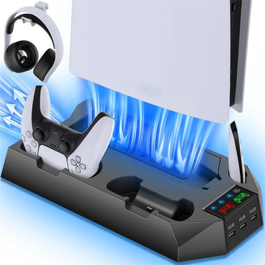 for PS5 Slim Host Heat Disspation Stand Cooling Station with Dual PS5 Controller Charging Station and 3USB Charging Port Headset Stroage Mount Bracket