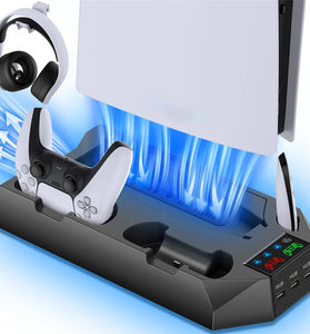 for PS5 Slim Host Heat Disspation Stand Cooling Station with Dual PS5 Controller Charging Station and 3USB Charging Port Headset Stroage Mount Bracket