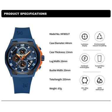NAVIFORCE Men's Luxury Quartz Watch Waterproof Silicone Strap High Quality Sport Wristwatch for Active Lifestyle