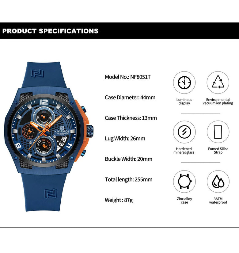 NAVIFORCE Men's Luxury Quartz Watch Waterproof Silicone Strap High Quality Sport Wristwatch for Active Lifestyle