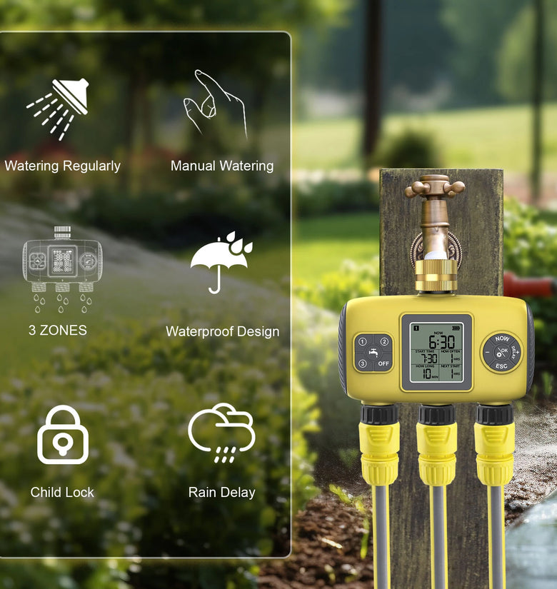 YZD06 Smart Irrigation Controller 3 Programmable Zones Timer Waterproof IP55 Anti-UV Material for Gardens and Nurseries