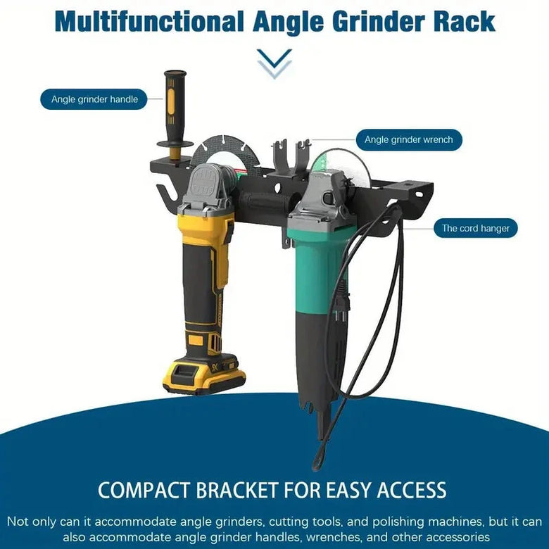 Dual Bay Metal Angle Grinder Rack Stand Wall Mount Storage with Cord Hanger Easy Assembly Holds 2 Grinders Classic Design Robust Metal Construction