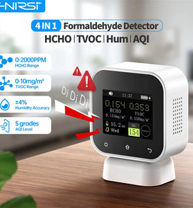 FNIRSI SFD-02 4-IN-1 Formaldehyde Detector Indoor Air Quality Monitor Touchscreen HCHO TVOC Time Humidity Display Smart Alarm Type-C Charging for Home Office Test