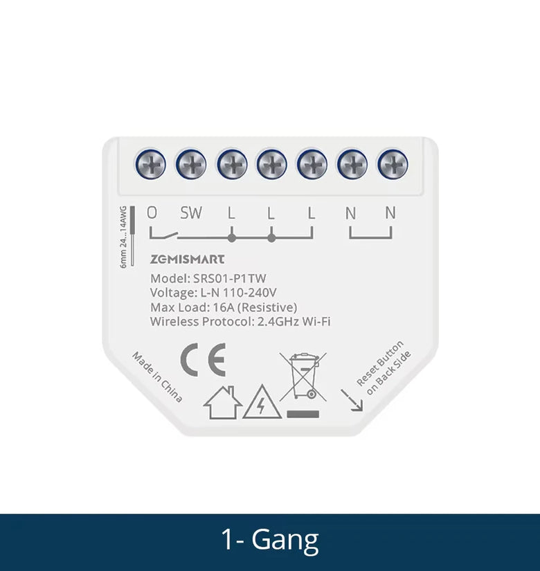 Zemismart WiFi Smart Relay Switch 1 Gang with Power Monitor Neutral Required Work with Tuya App Smart Life App