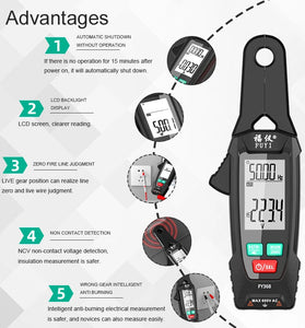 FY368 Digital Clamp Multimeter AC DC Voltage Current Resistance Frequency Capacitance Temperature Tester Non Contact Voltage Test Live Wire Judgment LCD Backlight Auto Power Off
