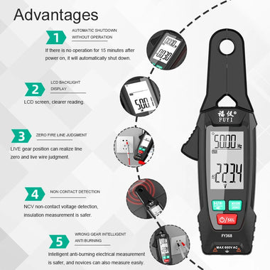 FY368 Digital Clamp Multimeter AC DC Voltage Current Resistance Frequency Capacitance Temperature Tester Non Contact Voltage Test Live Wire Judgment LCD Backlight Auto Power Off