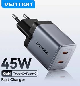 [GaN Tech] Vention 45W 2-Port USB PD Charger Dual USB-C PD3.0 QC3.0 PPS FCP AFC Apple2.4A Fast Charging Wall Charger Adapter EU Plug for iPhone 17 17Pro 16 15 14 Pro Max for Huawei Pura 80 Ultra for Xiaomi 17pro for OPPO for SAMSUNG