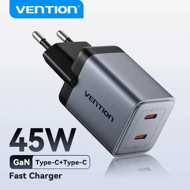 [GaN Tech] Vention 45W 2-Port USB PD Charger Dual USB-C PD3.0 QC3.0 PPS FCP AFC Apple2.4A Fast Charging Wall Charger Adapter EU Plug for iPhone 17 17Pro 16 15 14 Pro Max for Huawei Pura 80 Ultra for Xiaomi 17pro for OPPO for SAMSUNG