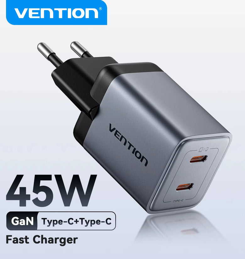 [GaN Tech] Vention 45W 2-Port USB PD Charger Dual USB-C PD3.0 QC3.0 PPS FCP AFC Apple2.4A Fast Charging Wall Charger Adapter EU Plug for iPhone 17 17Pro 16 15 14 Pro Max for Huawei Pura 80 Ultra for Xiaomi 17pro for OPPO for SAMSUNG