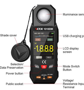 VICTOR 1010DM Two-In-One Illuminance Multimeter Light Meter, 0-199999 Lux 0-19999 FC 2.4-Inch Color LCD AC/DC Voltage Resistance Auto Range USB Rechargeable 1000mAh CAT II 600V