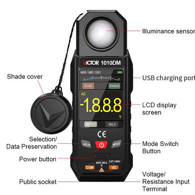VICTOR 1010DM Two-In-One Illuminance Multimeter Light Meter, 0-199999 Lux 0-19999 FC 2.4-Inch Color LCD AC/DC Voltage Resistance Auto Range USB Rechargeable 1000mAh CAT II 600V