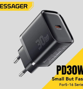 ESSAGER ES-CD52 30W 1-Port USB PD Charger USB-C PD3.0 QC3.0 FCP SCP BC1.2 iP2.4A Fast Charging Wall Charger Adapter EU Plug for iPhone 16 16 Pro 15 14 13 Pro Max for Huawei Pura 80 Ultra for Xiaomi MIX Flip 2