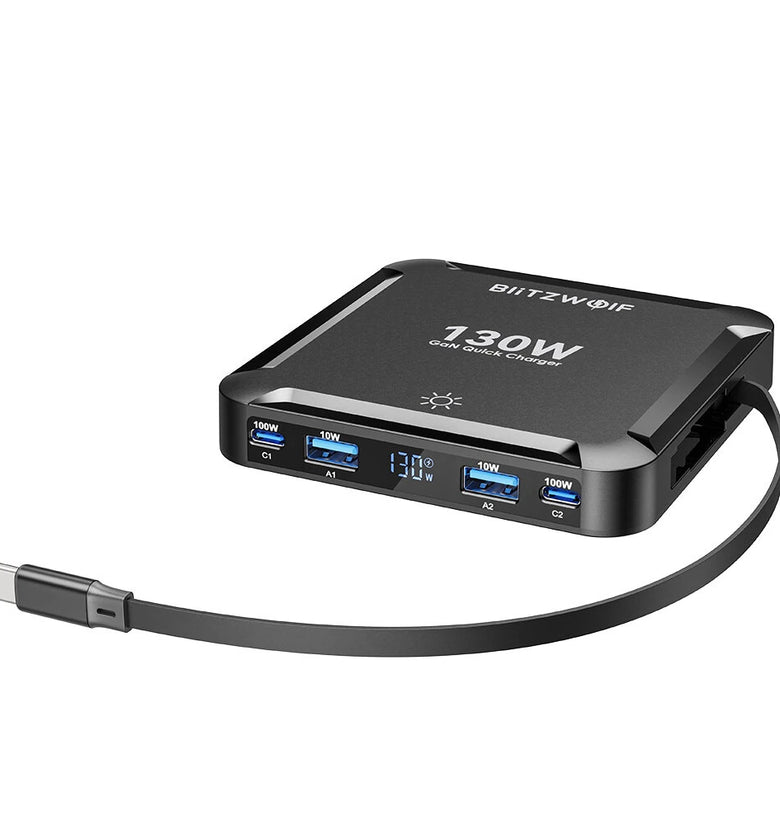 [GaN Tech] Blitzwolf BW-S32 130W 5 in 1 USB PD Digital Display Charger with Retractable Cable Fast Charging Desktop Charging Station for iPhone 17 16 16 Pro 15 14 13 Pro Max for MacBook Pro for Airpods for Apple Watch