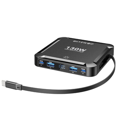[GaN Tech] Blitzwolf BW-S32 130W 5 in 1 USB PD Digital Display Charger with Retractable Cable Fast Charging Desktop Charging Station for iPhone 17 16 16 Pro 15 14 13 Pro Max for MacBook Pro for Airpods for Apple Watch
