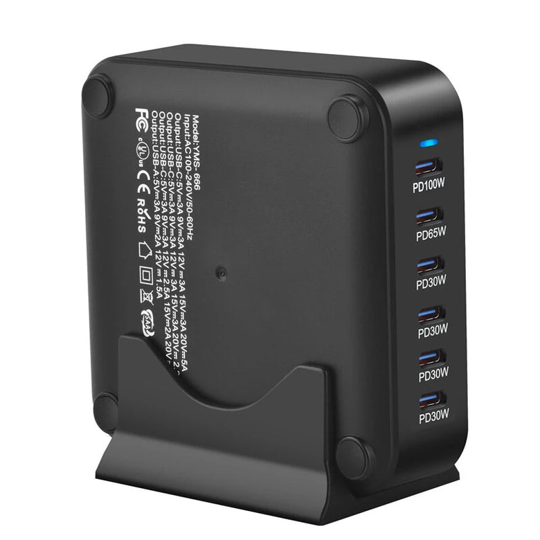 [GaN Tech]Bakeey YMS-666 285W 6-Port USB PD Charger 6USB-C PD Fast Charging Desktop Charging Station EU Plug US Plug for iPhone 16 15 14 13 Pro Max for Samsung Galaxy Z Flip6 for Xiaomi 15pro for Huawei Mate XT