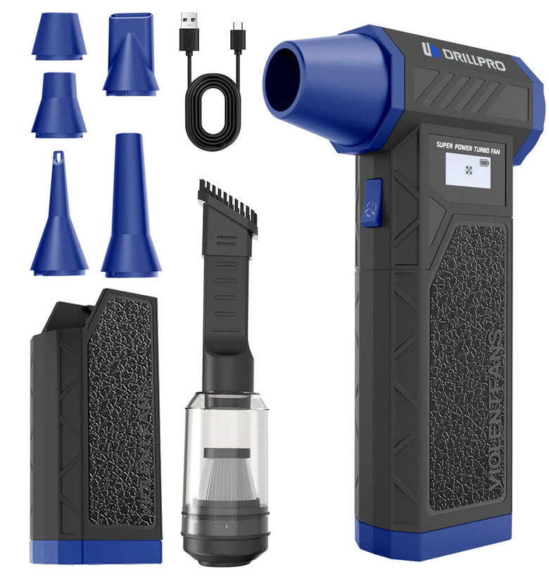Drillpro 138,000RPM High Speed Brushless Motor Handheld Turbo Fan Air Blower 8000mAh Battery Portable Dust Cleaner Multi Nozzle Versatile Power Tool