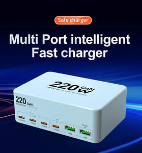 [GaN Tech]Bakeey WLX-818L 220W 6-Port USB PD Charger 2USB-A+4USB-C PD QC3.0 Fast Charging Desktop Charging Station EU Plug US Plug for iPhone 16 15 Pro 14 13 12 Pro Max for HUAWEI for SAMSUNG for Airpods for Apple Watch