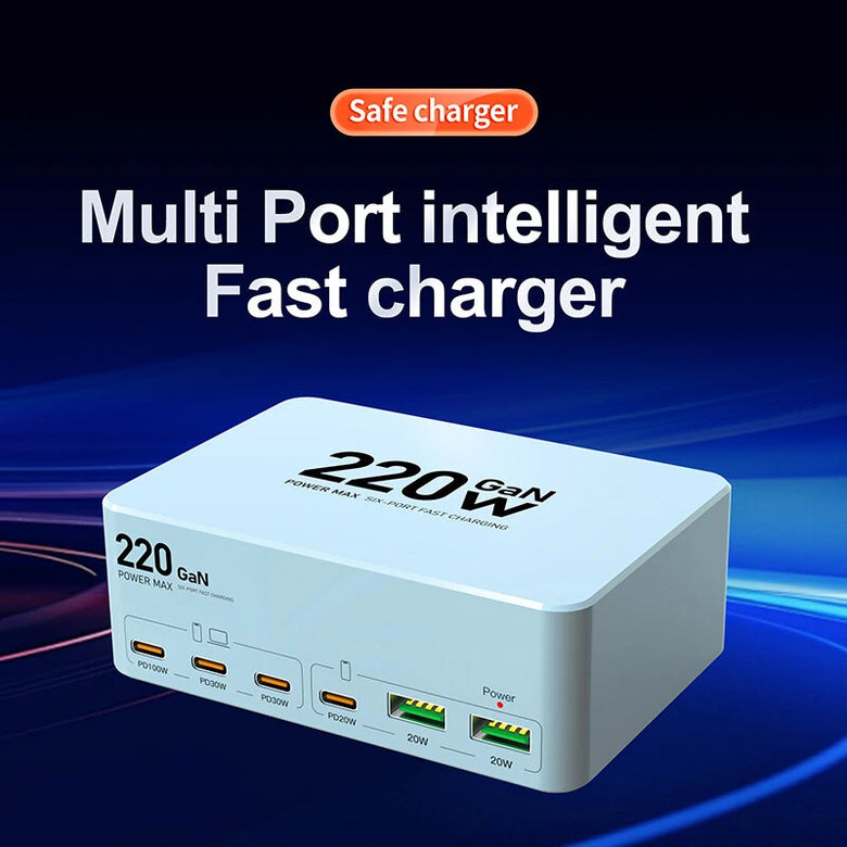 [GaN Tech]Bakeey WLX-818L 220W 6-Port USB PD Charger 2USB-A+4USB-C PD QC3.0 Fast Charging Desktop Charging Station EU Plug US Plug for iPhone 16 15 Pro 14 13 12 Pro Max for HUAWEI for SAMSUNG for Airpods for Apple Watch