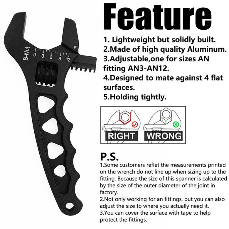 Universal AN3-12 Adjustable Wrench Lightweight Aluminum Fitting Tool Corrosion-Resistant AN Hose Fitting Spanner Red/Black/Blue