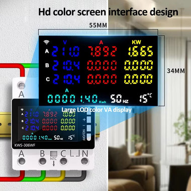 Tuya Wifi Power Energy Meter AC Monitor AC 85-290V 80A 3 Phase 4-wire DIN Rail Over Under Voltage Protector Electricity Meter