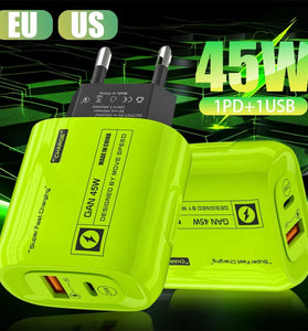 [GaN Tech] APD-555 45W 2-Port USB PD Charger USB-A+USB-C PD Fast Charging Wall Charger Adapter EU Plug US Plug for iPhone 16 15 14 13 Pro Max for Huawei Mate XT for Xiaomi MIX Fold4 for Samsung Galaxy Z Flip6
