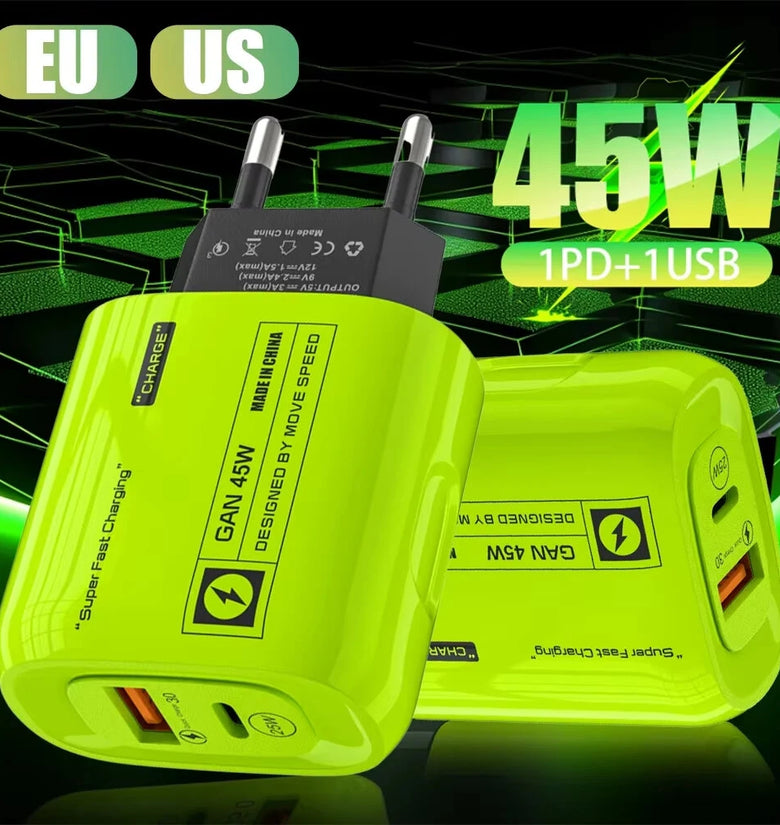 [GaN Tech] APD-555 45W 2-Port USB PD Charger USB-A+USB-C PD Fast Charging Wall Charger Adapter EU Plug US Plug for iPhone 16 15 14 13 Pro Max for Huawei Mate XT for Xiaomi MIX Fold4 for Samsung Galaxy Z Flip6