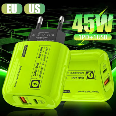 [GaN Tech] APD-555 45W 2-Port USB PD Charger USB-A+USB-C PD Fast Charging Wall Charger Adapter EU Plug US Plug for iPhone 16 15 14 13 Pro Max for Huawei Mate XT for Xiaomi MIX Fold4 for Samsung Galaxy Z Flip6