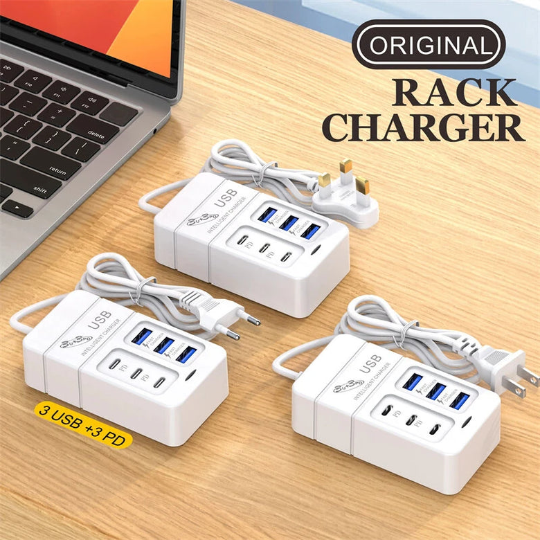 35W 6-Port USB PD Power Strip 3USB-A+3USB-C PD Fast Charging Rack Charger EU Plug US Plug for iPhone 15 14 13 Pro for Huawei Nova Flip for Xiaomi MIX Fold4 for Samsung Galaxy Z Flip6