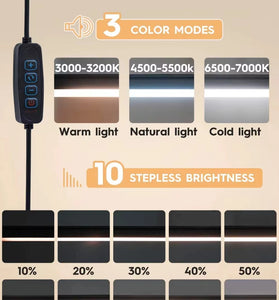 10W LED Desk Lamp with Clamp Adjustable Swing Arm Dimmable 10 Brightness Levels 3 Color Modes Eye-Care Lighting for Home Office