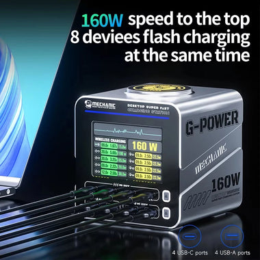 [GaN Tech] Mechanic G-Power 160W 8-Port USB PD Charger with Smart Display Screen 4USB-A+4USB-C PD3.1 QC3.0 Fast Charging Desktop Charger Station with 15W Magnetic Wireless Charging Pad for iPhone 17 17Pro 16 Pro Max 15 14 for Xiaomi 17pro
