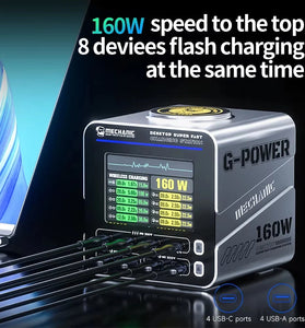 [GaN Tech] Mechanic G-Power 160W 8-Port USB PD Charger with Smart Display Screen 4USB-A+4USB-C PD3.1 QC3.0 Fast Charging Desktop Charger Station with 15W Magnetic Wireless Charging Pad for iPhone 17 17Pro 16 Pro Max 15 14 for Xiaomi 17pro