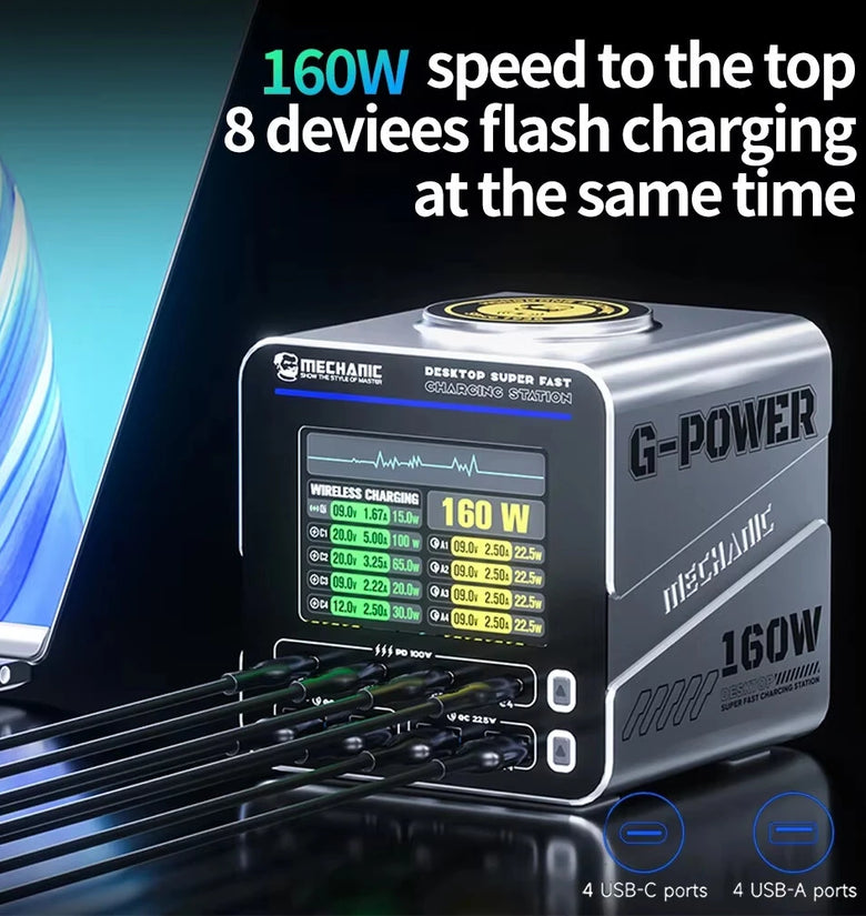 [GaN Tech] Mechanic G-Power 160W 8-Port USB PD Charger with Smart Display Screen 4USB-A+4USB-C PD3.1 QC3.0 Fast Charging Desktop Charger Station with 15W Magnetic Wireless Charging Pad for iPhone 17 17Pro 16 Pro Max 15 14 for Xiaomi 17pro